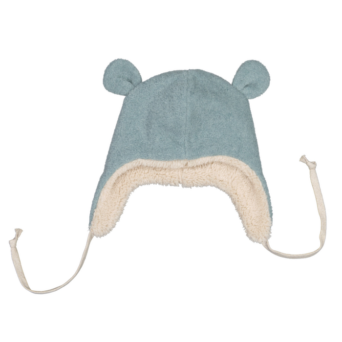 Blue children's hat with bear ears on a white background