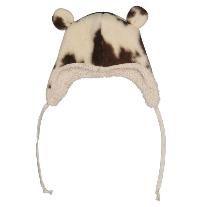 Children's hat with animal print and ear flaps on a white background
