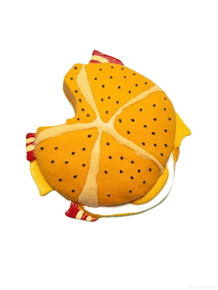 Teething toy shaped like a BEC sandwich with a white background