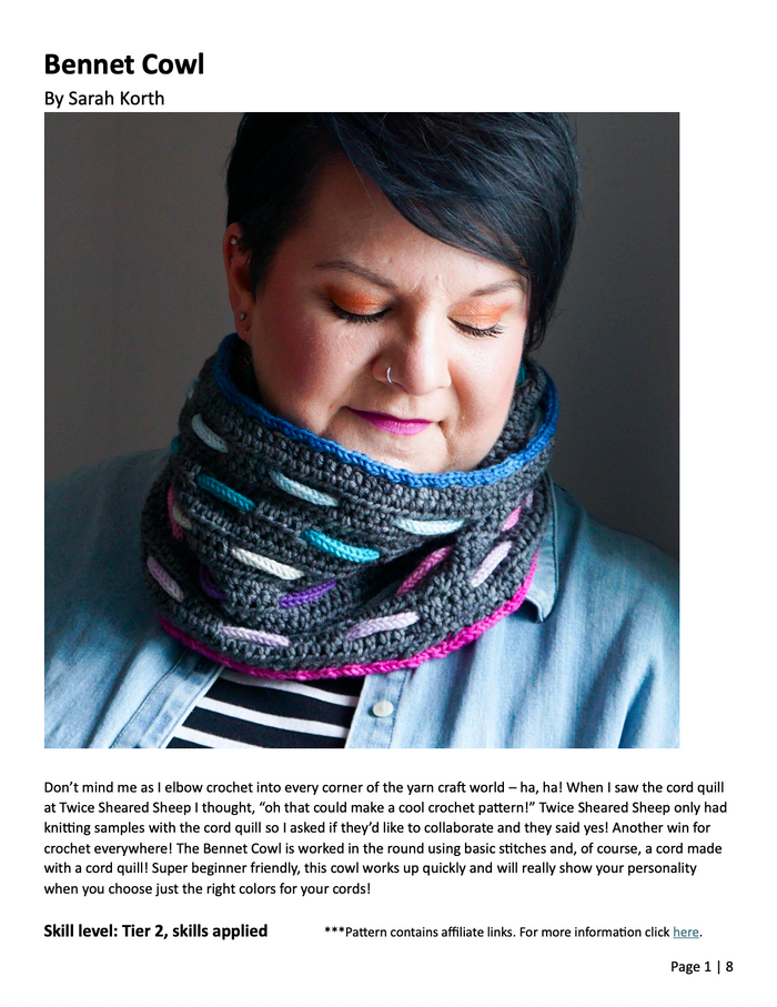 Bennet Cowl crochet pattern first page showing the title, designer Sarah Korth, a photo of the cowl being worn, pattern description, and skill level Tier 2
