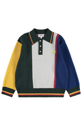 Color-blocked sweater with a logo on a white background