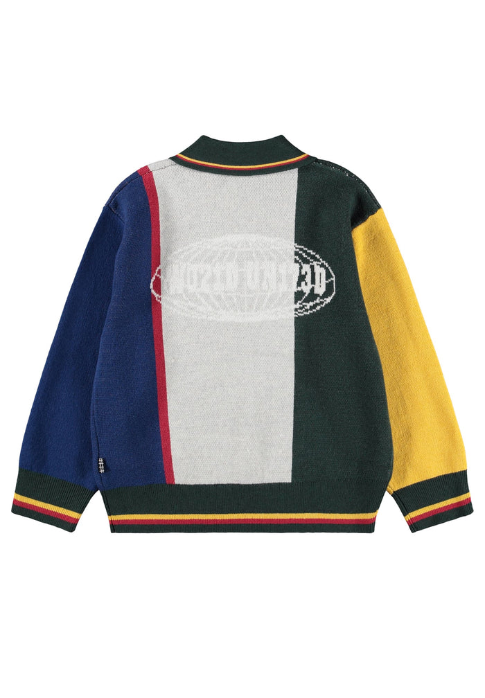 Color-blocked jacket with a brand logo on a white background