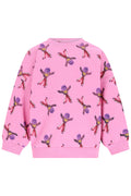 A pink crewneck sweatshirt featuring an allover print of dancing cat characters, shown against a plain white background.
