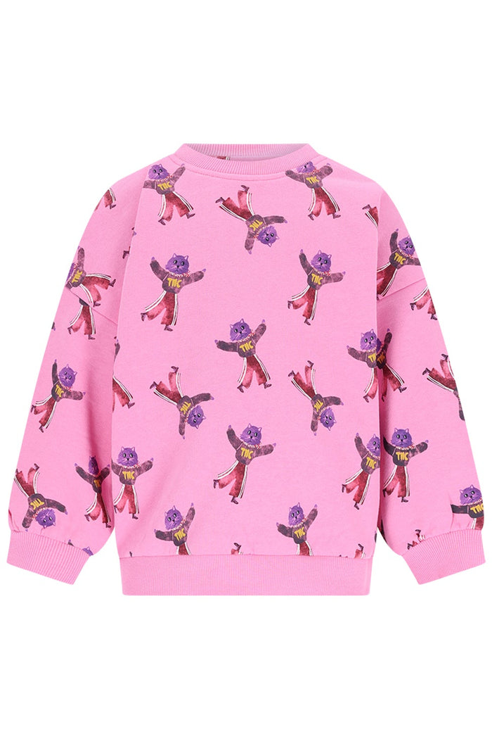 A pink crewneck sweatshirt featuring an allover print of dancing cat characters, shown against a plain white background.