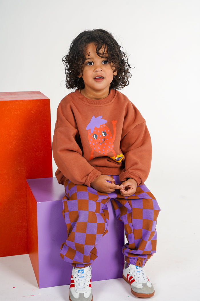 A young child with curly dark hair sits on a purple block, wearing a rust-orange sweatshirt with a strawberry graphic and purple-and-brown checkered pants.