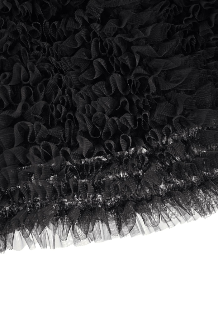 Close-up of black ruffled fabric with a white background