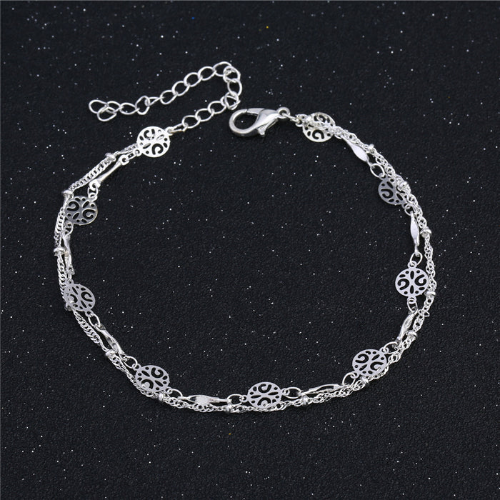 Bohemian Double-Layered Silver Anklet | Celestial Filigree Constellation Foot Chain