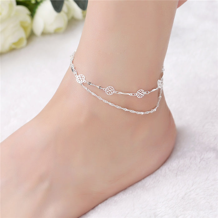 Bohemian Double-Layered Silver Anklet | Celestial Filigree Constellation Foot Chain