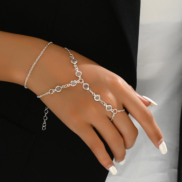 Boho Stainless Steel Crystal Hand Chain | Unisex Silver-Toned Finger Ring Bracelet