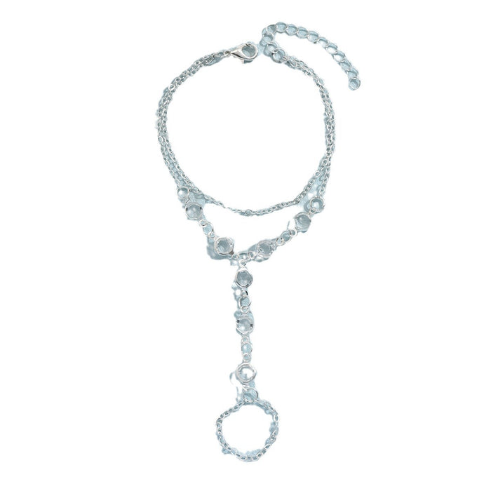 Boho Stainless Steel Crystal Hand Chain | Unisex Silver-Toned Finger Ring Bracelet
