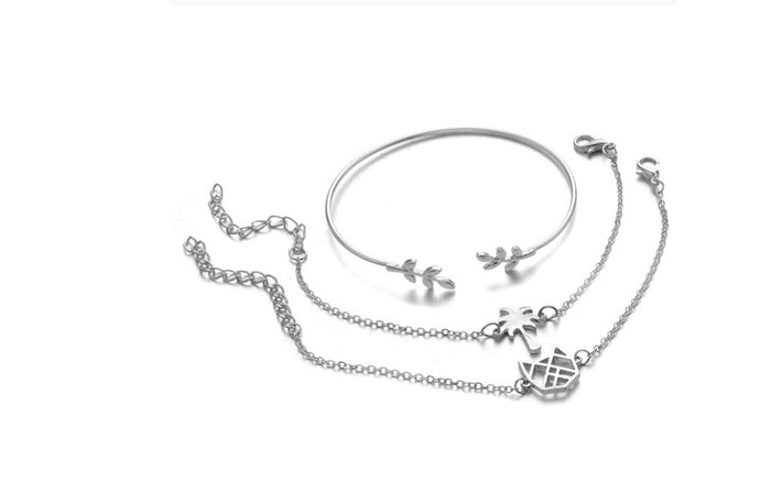 Botanical Bliss Stainless Steel Bracelet Stack | Unisex Rose Gold-Toned Cuff & Chain Set
