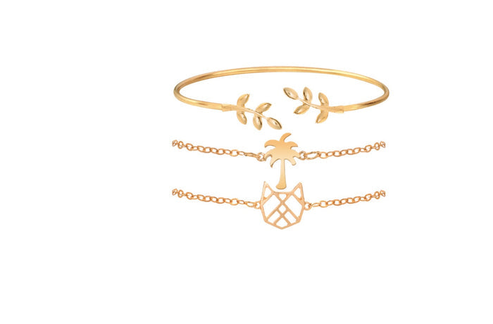 Botanical Bliss Stainless Steel Bracelet Stack | Unisex Rose Gold-Toned Cuff & Chain Set