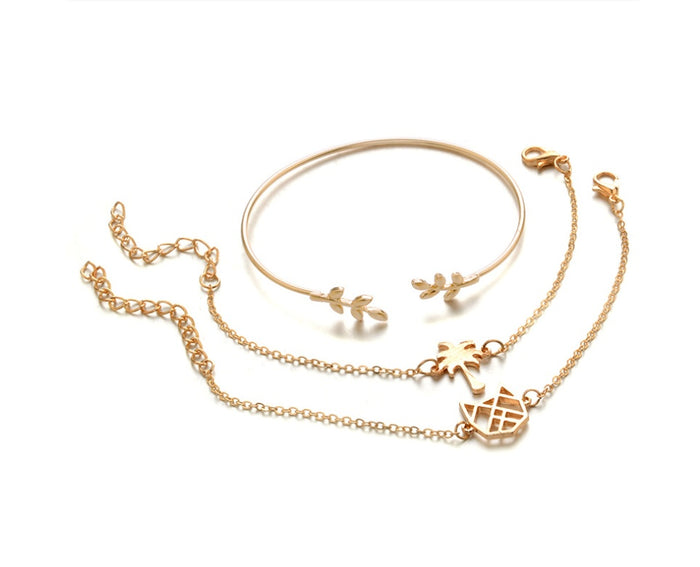 Botanical Bliss Stainless Steel Bracelet Stack | Unisex Rose Gold-Toned Cuff & Chain Set