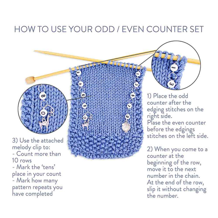 How to use your odd even counter set instructional image showing placement of odd and even counters on knitting needles with counting steps