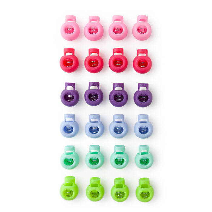 Small solid cable locks for circular needle cords in all six colors: pink, red, purple, periwinkle, seafoam and lime, four of each