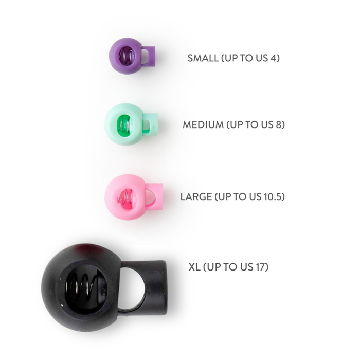 Cable lock size chart showing small up to US 4, medium up to US 8, large up to US 10.5 and extra large up to US 17 cord stops