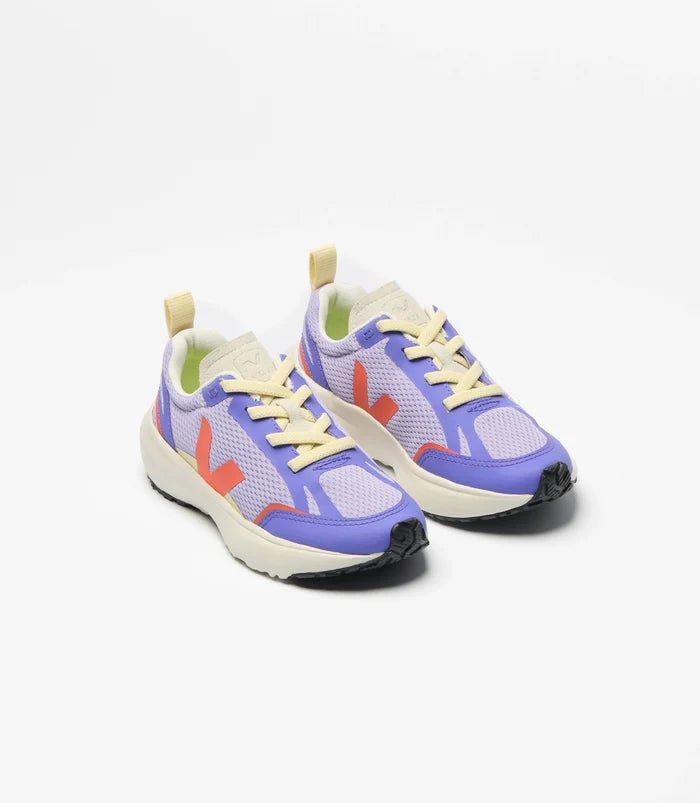 A pair of colorful sneakers in purple, white, and orange with yellow laces, displayed on a clean white background.