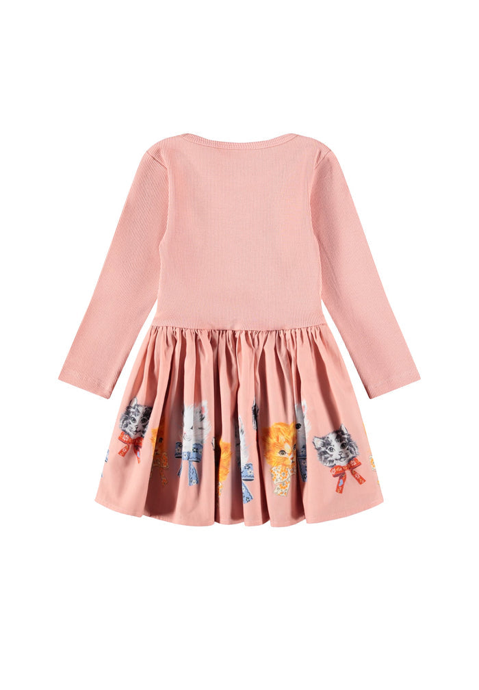 Pink dress with kitten and bow designs on a white background