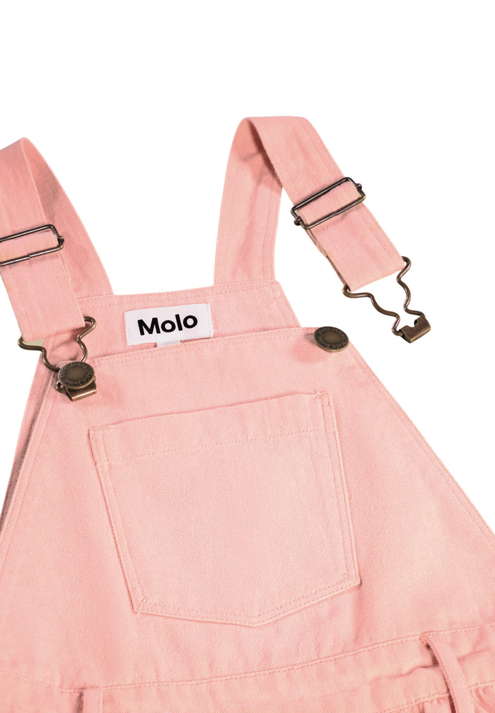 Pink overalls with suspenders on a white background, featuring the Molo brand.