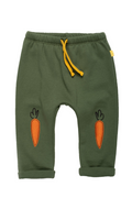 Green children's sweatpants with orange carrot graphics on the legs and a yellow drawstring, shown flat on a white background.