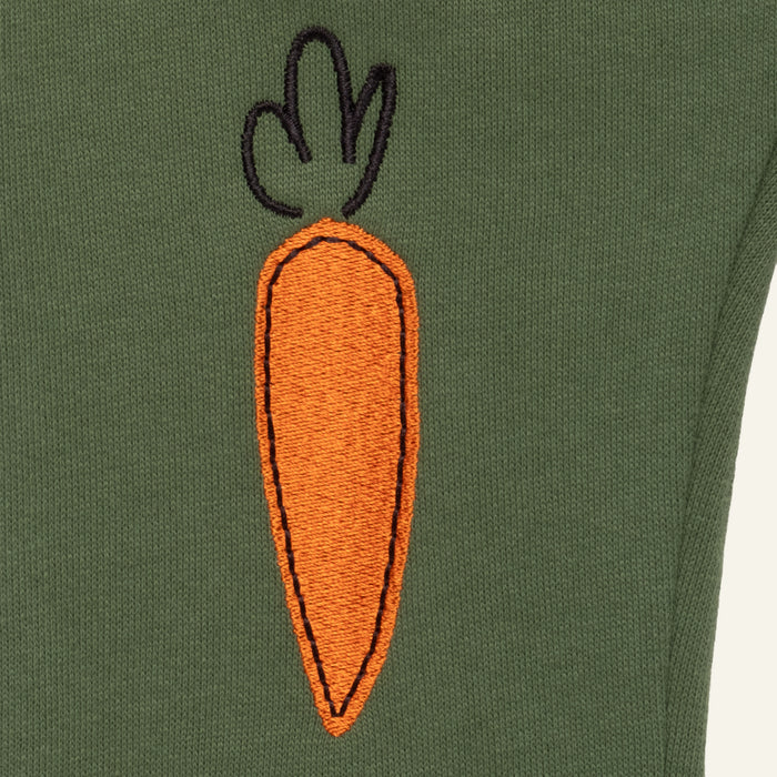 Embroidered carrot design on a green fabric background