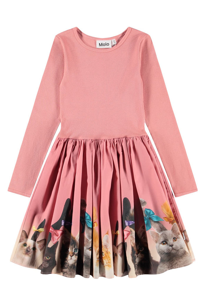 Pink dress with cat print on a white background