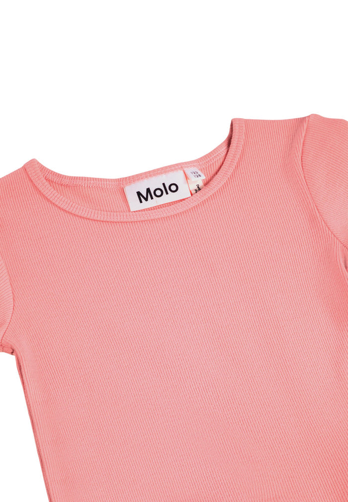 Close-up of a pink dress with 'Molo' brand label on a white background