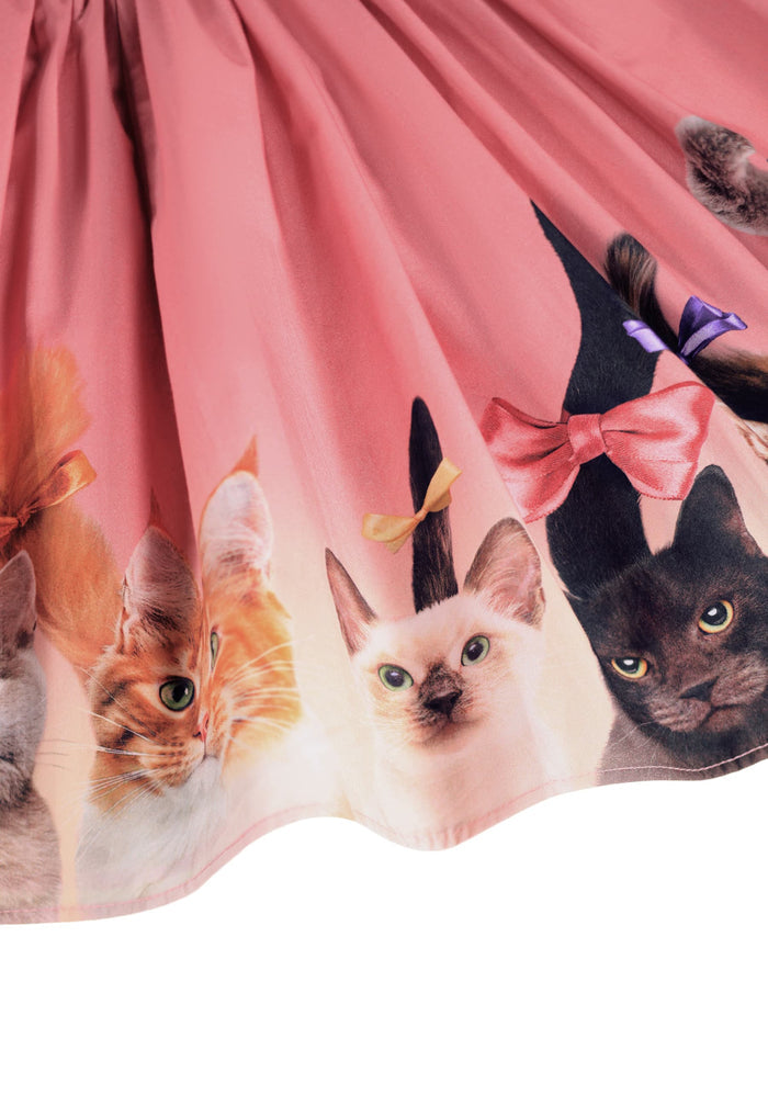 Dress with a design of cats and colorful bows on a pink background