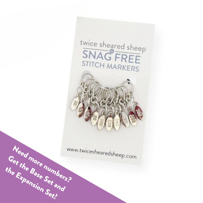 Full set of numbered cast-on counting stitch markers displayed on a Twice Sheared Sheep Snag Free Stitch Markers packaging card
