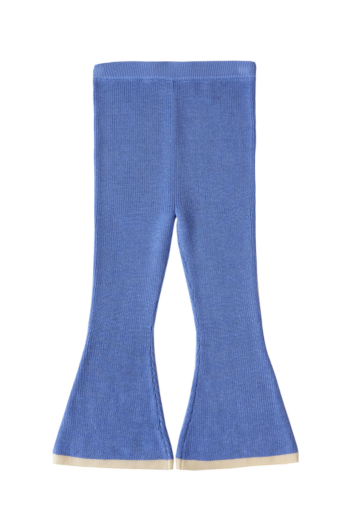 Blue bell-bottom pants on a white background