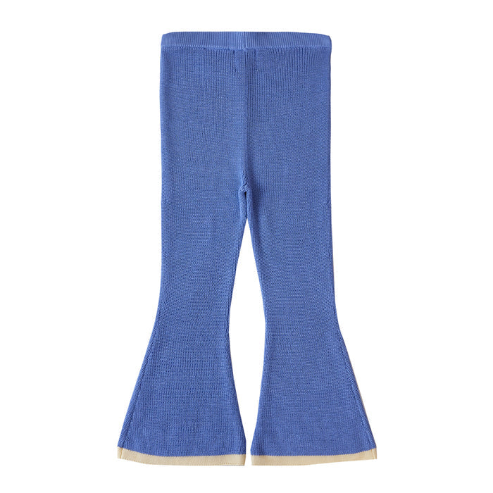 Blue knit leggings with a white background