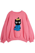 Pink sweatshirt with a black cat graphic wearing a yellow bow on a white background