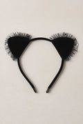 Black cat ear headband with tulle on a beige background