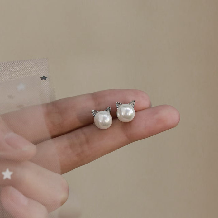 Cat-shaped Faux Pearl Stud Earrings