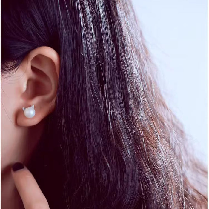 Cat-shaped Faux Pearl Stud Earrings