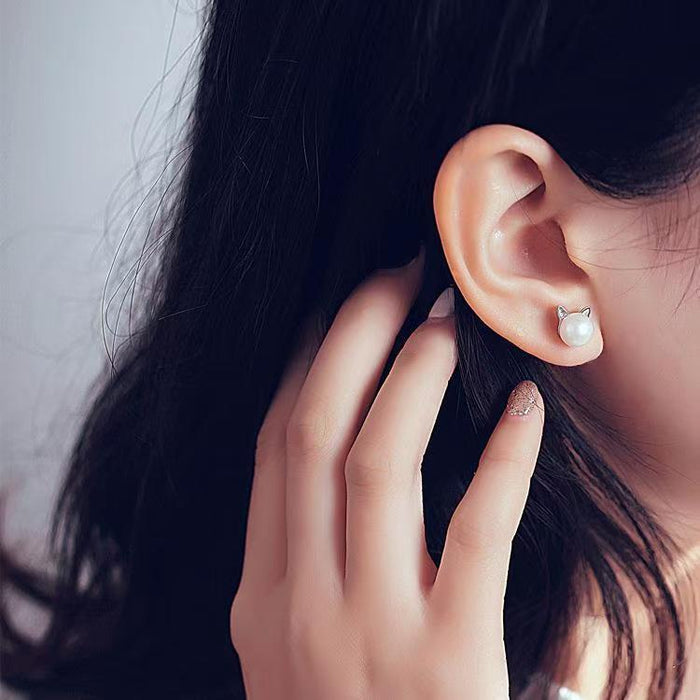 Cat-shaped Faux Pearl Stud Earrings