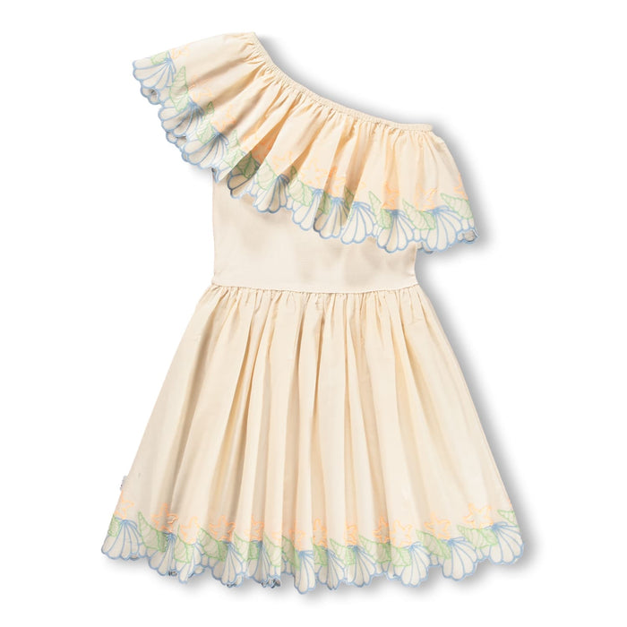 Beige dress with seashell details on a white background