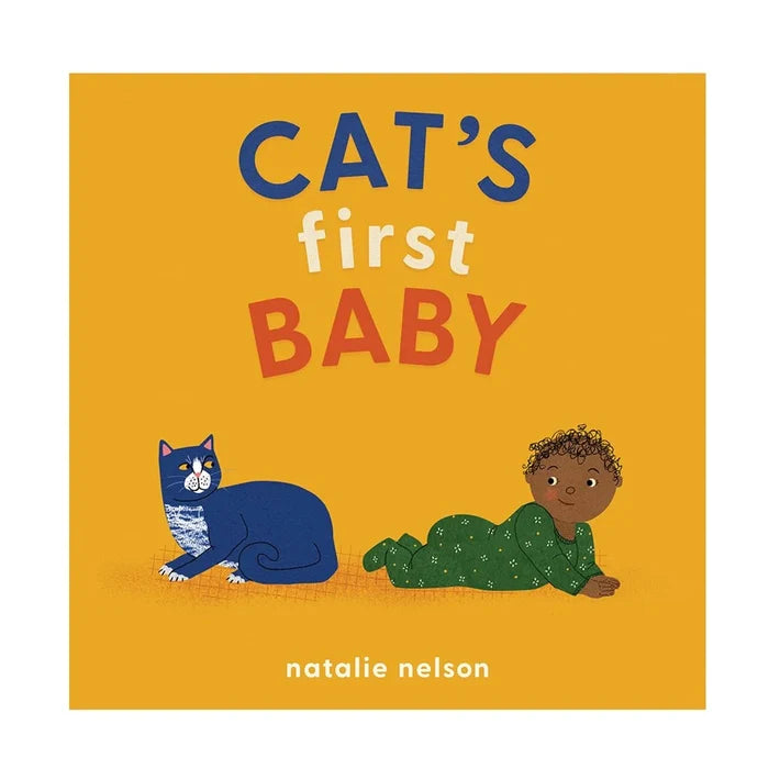 orange book cover with illustrated cat and baby. cover reads "Cat's First Baby".