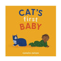 orange book cover with illustrated cat and baby. cover reads "Cat's First Baby".