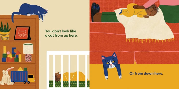 book spread with cat looking down on baby in crib and from under a sofa.