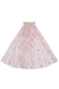 A light pink tulle tutu skirt decorated with iridescent star appliqués, featuring a ruffled neckband and tie detail, shown against a plain white background.
