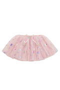 A light pink tulle tutu skirt decorated with colorful embroidered stars and sparkles, featuring a matching pink waistband bow.