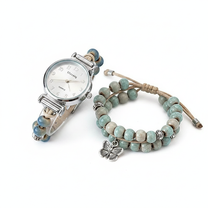 A bohemian-inspired jewelry set featuring a silver-toned watch integrated into a beaded cord strap, paired with a matching double-layer turquoise-style beaded bracelet and a detailed butterfly charm.