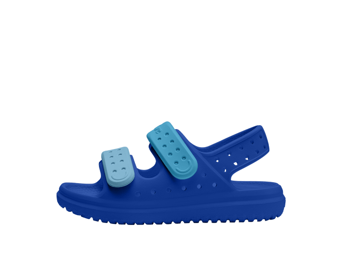 Blue sandal with double straps on a white background