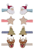 Set of eight Christmas-themed hair clips for girls, featuring Santa Claus faces, glittery stars, Christmas trees, and reindeer heads on pastel-colored elastic bands.