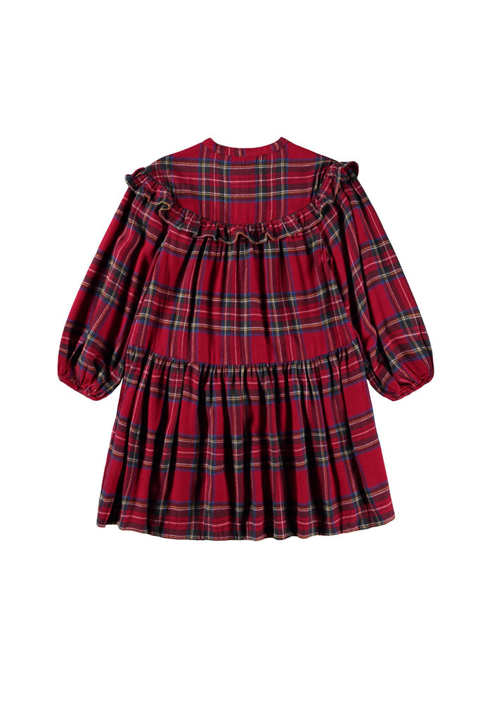 Red plaid dress with ruffled sleeves on a white background