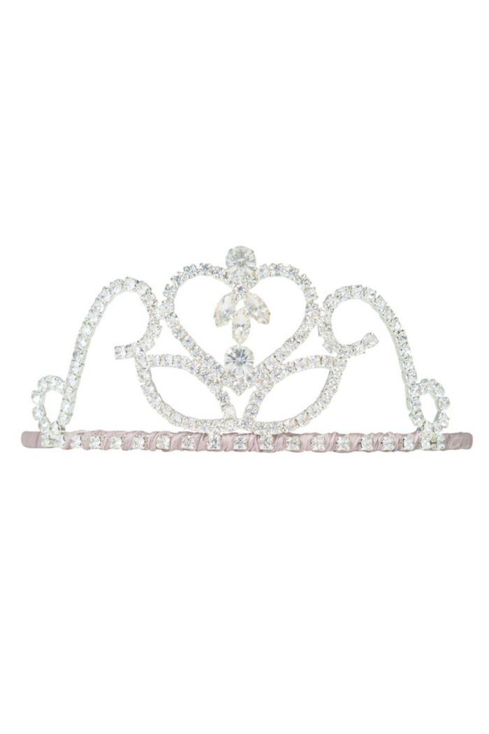 A silver tiara headband adorned with clear rhinestones and a central heart-shaped crystal, shown against a plain white background.