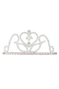 A silver tiara headband adorned with clear rhinestones and a central heart-shaped crystal, shown against a plain white background.