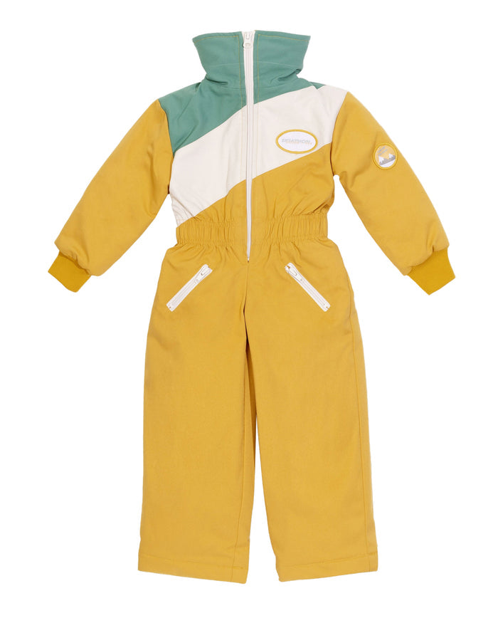 Color-blocked snowsuit with mustard yellow, green, and white on a light gray background
