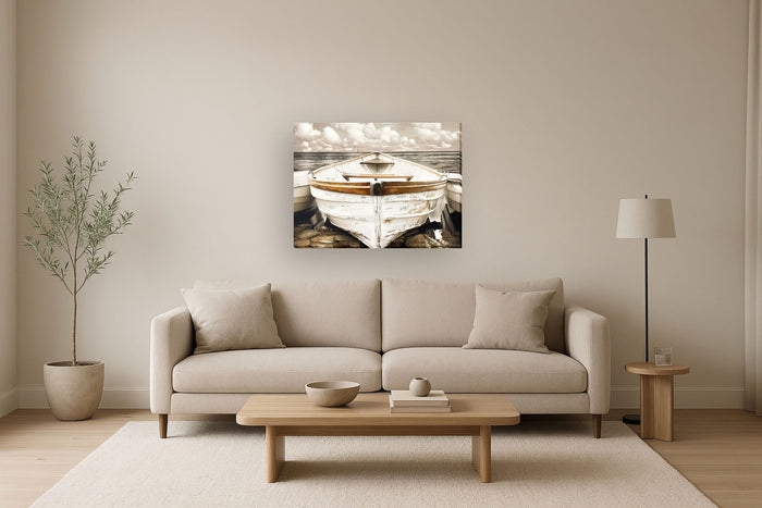 "Coastal Serenity" Hand-Embellished Wrapped Canvas - Natural Wood / Beige